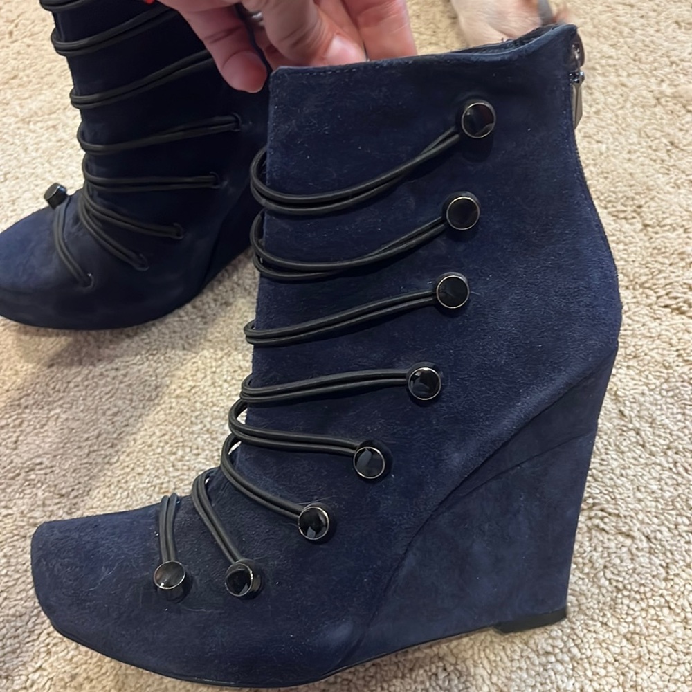 Navy Suede Wedge Bootie